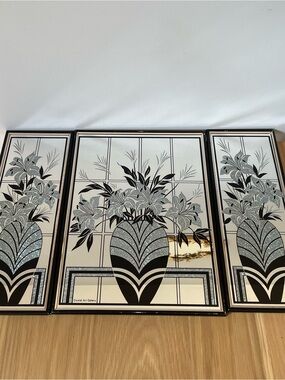 Vintage Silver & Black Floral 3 Mirror Wall Art Triptych Art Deco 70s 80s
